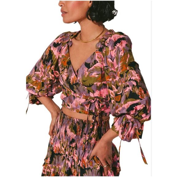 Cleobella Leighton Floral Wrap Crop Top with Puff Sleeves & Tie Details - Size S - Picture 1 of 9